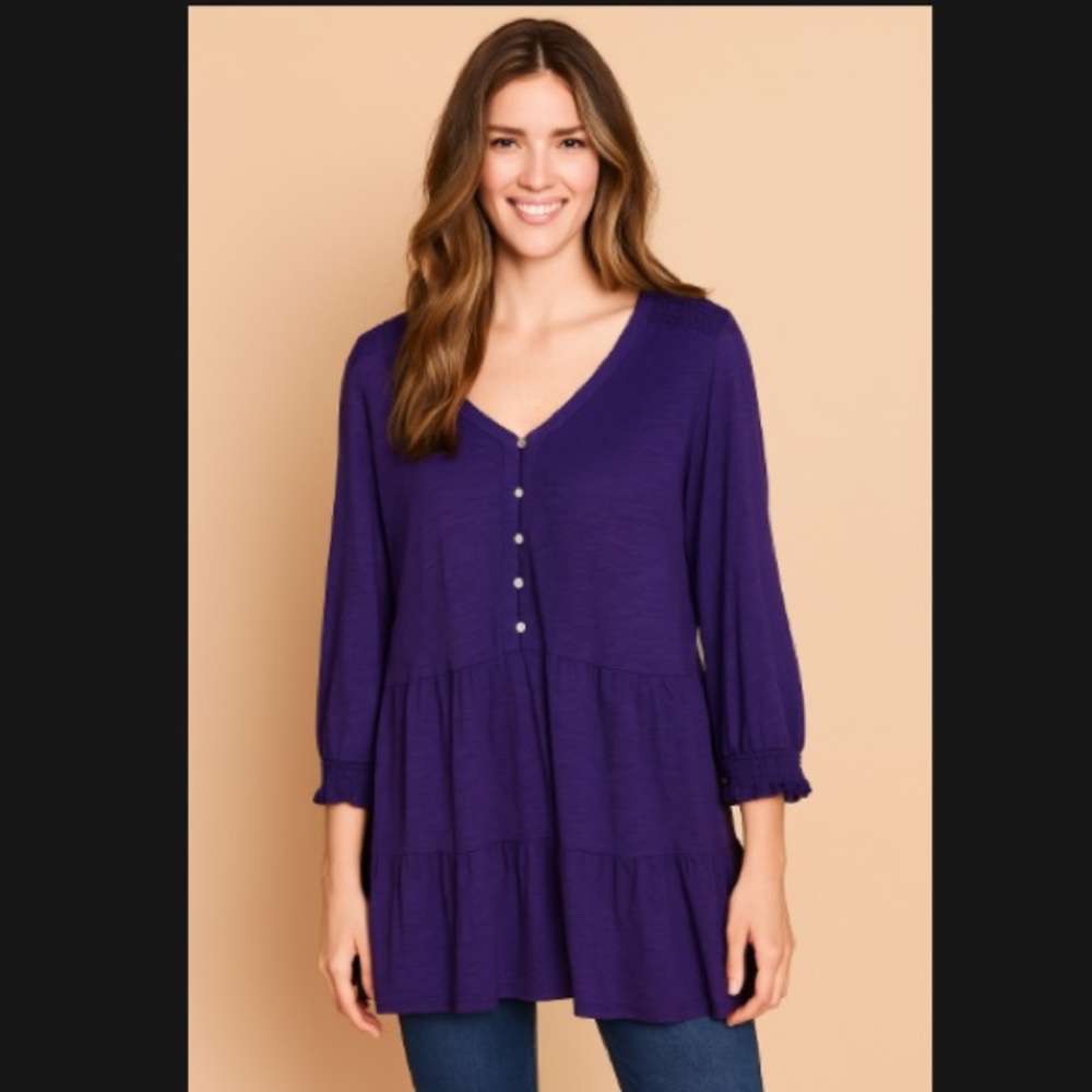 J Jill Smocked And Tiered Tunic Royal Purple V-Neckline Mother Of Pearl Size L
